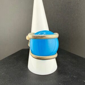 Vintage Ring Blue Glass Silver Tone Sculptural Bypass Wide Band Size 7.5